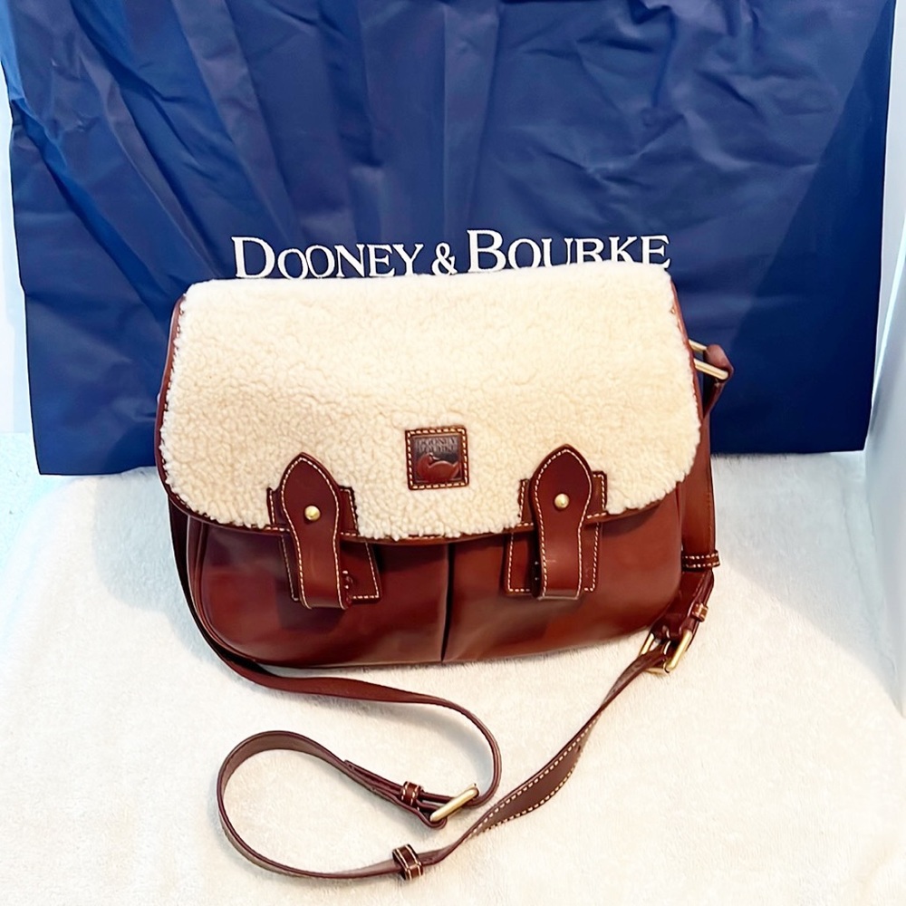 Dooney and Bourke Chestnut Florentine Leather Shearling Saddle Bag Purse